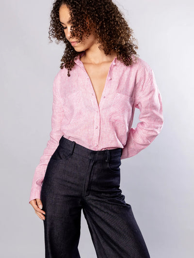 'NO MORE NOBODY' - Rene Sharp Collar Shirt Organic Linen - Red