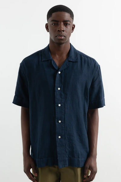 Linen Short Sleeve Shirt - Plain Navy