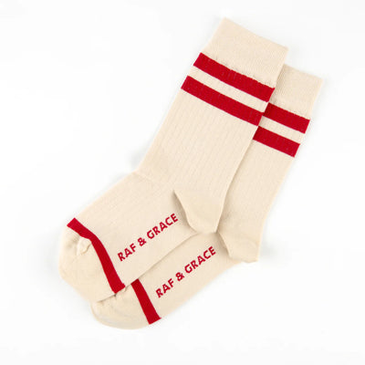 Luxe Cotton Ribbed Socks - Ecru / Red Stripe