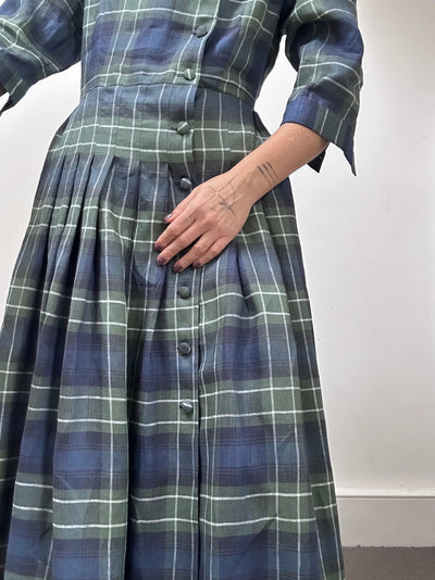 'NO MORE NOBODY' - Talitha Midi Dress Organic Linen - Green Multi Check