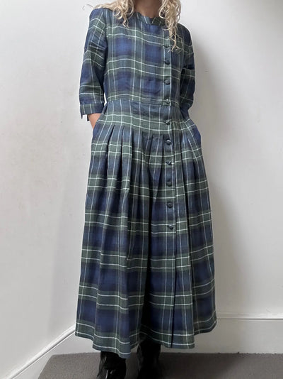 'NO MORE NOBODY' - Talitha Midi Dress Organic Linen - Green Multi Check
