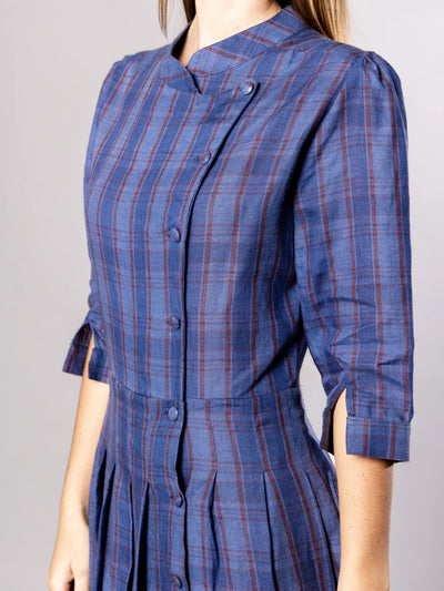 'NO MORE NOBODY' - Talitha Midi Dress Organic Linen - Navy Multi Check