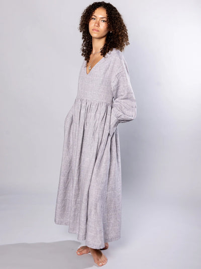 'NO MORE NOBODY' - Michelle Maxi Dress Organic Linen - Grey Check