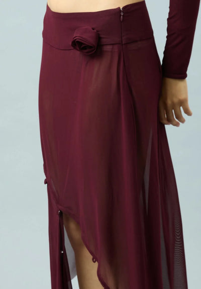 Asymmetric Mesh Skirt W/ Flower Applique - Burgundy