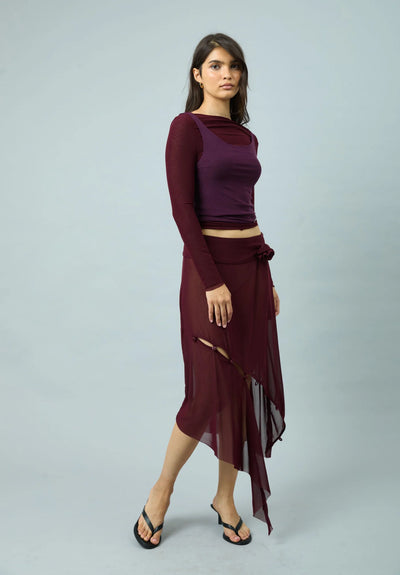 Asymmetric Mesh Skirt W/ Flower Applique - Burgundy