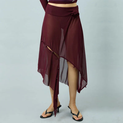 Asymmetric Mesh Skirt W/ Flower Applique - Burgundy