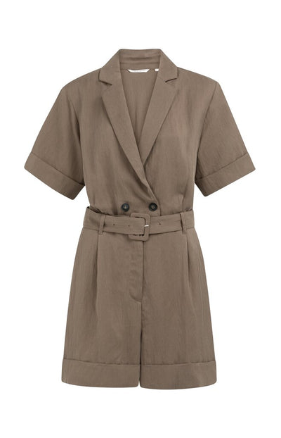 Playsuit with Double Button Closure & Belt - Washed Brown