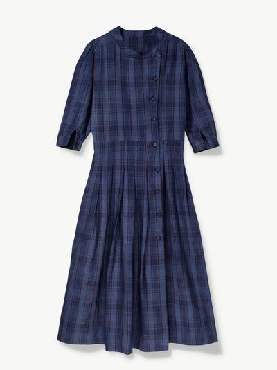 'NO MORE NOBODY' - Talitha Midi Dress Organic Linen - Navy Multi Check