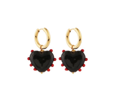 Milagros Heart Earrings - Black & Red Dots