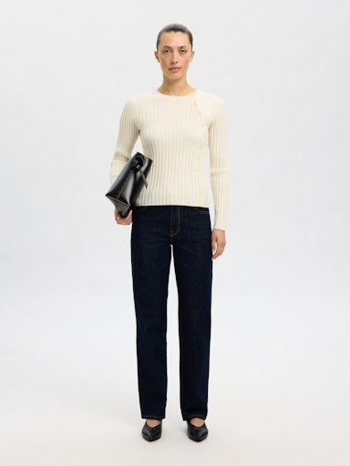 Helen LS Knit Button O-Neck Top - Birch