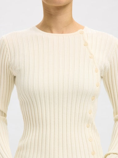 Helen LS Knit Button O-Neck Top - Birch