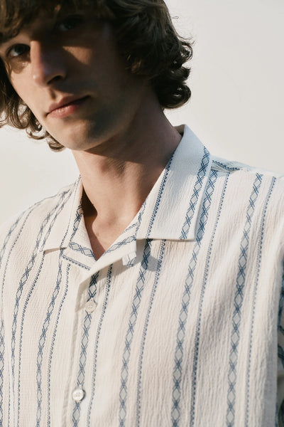 Short Sleeve Embroidery Shirt - White and Navy