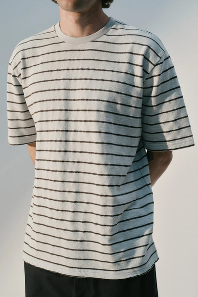 Terry Basic T-Shirt - Pearl Blue with Charcoal Stripes
