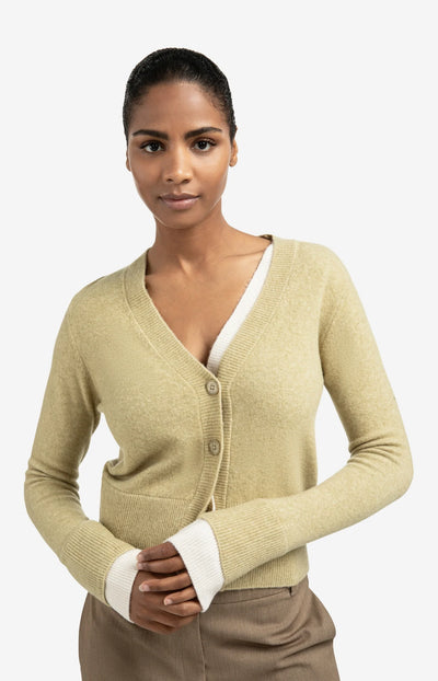 Cardigan with Contrast Details - Olive Green Melange