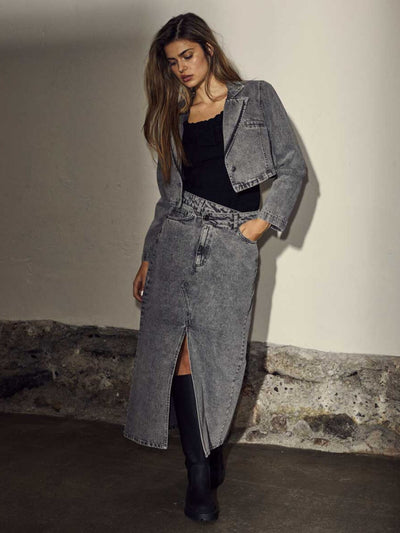 Vika CC Asym Slit Denim Skirt - Mid Grey