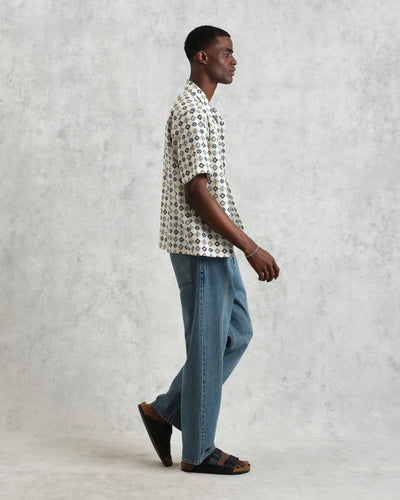 Didcot Seersucker Shirt - Ecru And Multicolour Geometric Tile