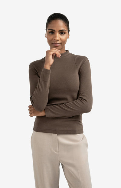 Long Sleeve Mock Neck Top - Brown