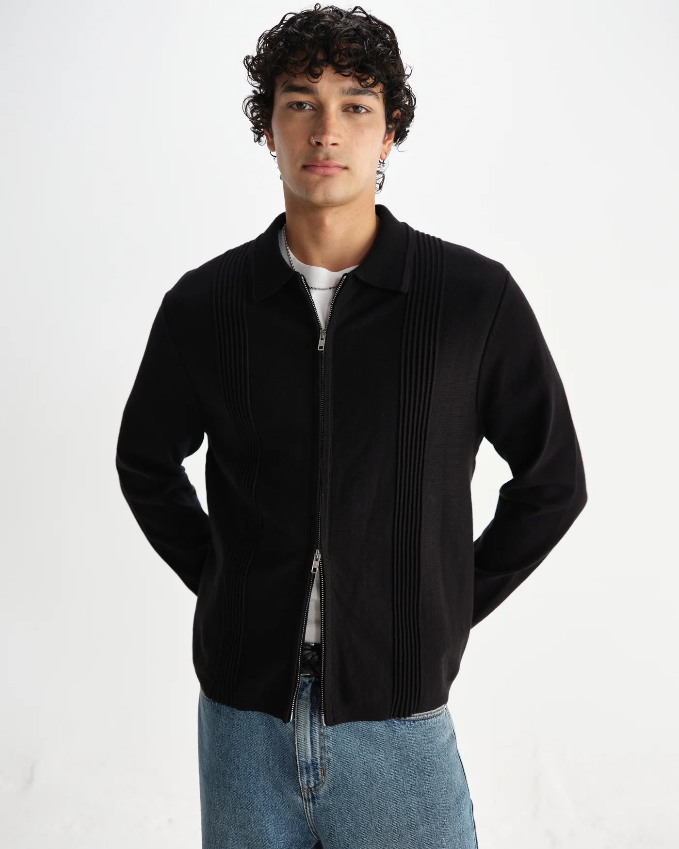 Lennox  Striped Zip Polo - Black