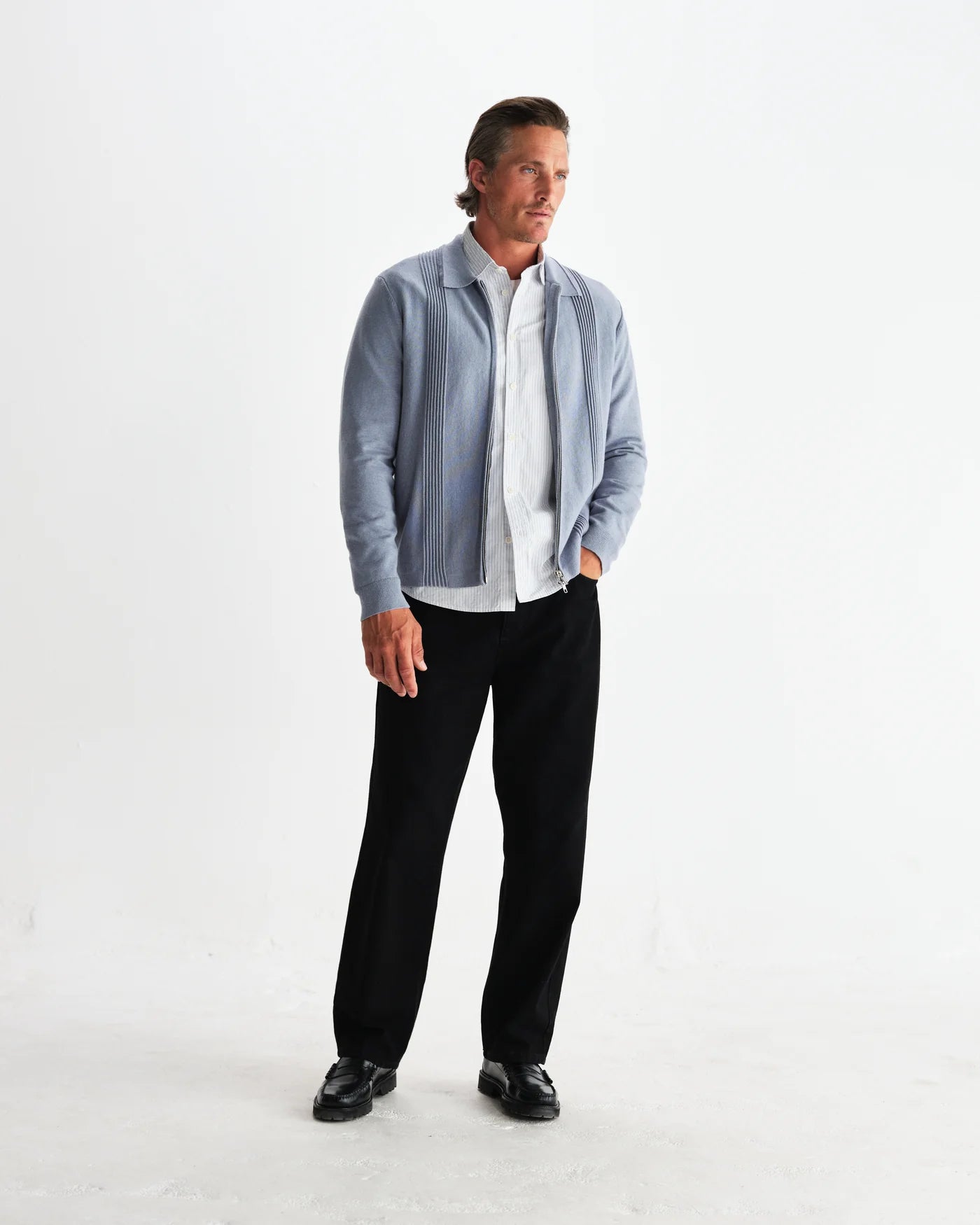 Lennox Striped Zip Polo - Grey Blue Milano