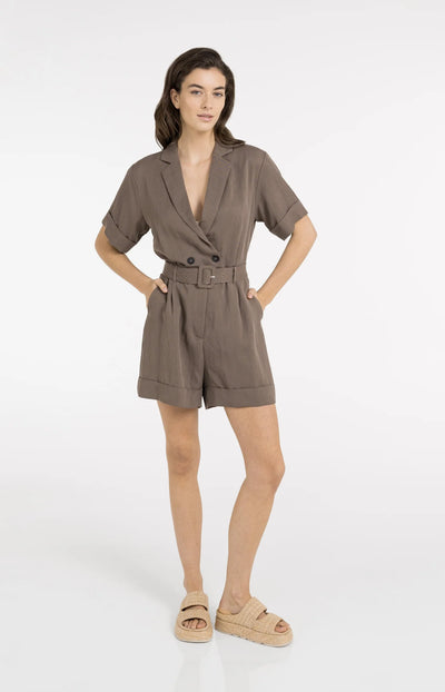 Playsuit with Double Button Closure & Belt - Washed Brown