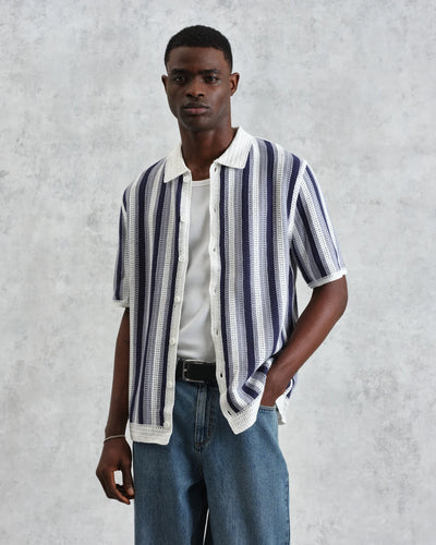 Porto Crochet Knitted Shirt - Blue & Ecru