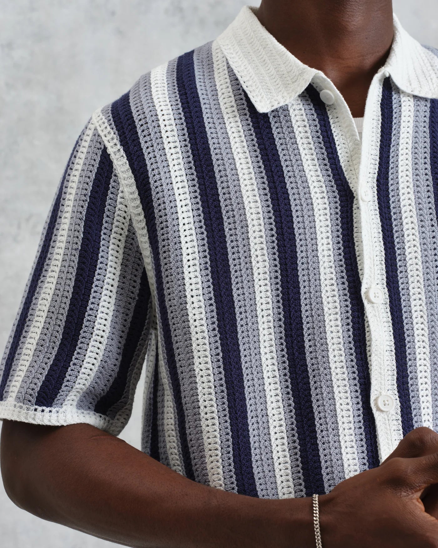 Porto Crochet Knitted Shirt - Blue & Ecru