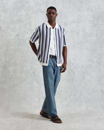 Porto Crochet Knitted Shirt - Blue & Ecru