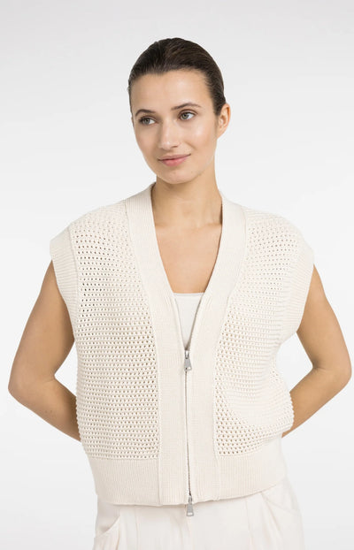 Sleeveless Mesh Knit Cardigan with Zip Closure - Crème Beige