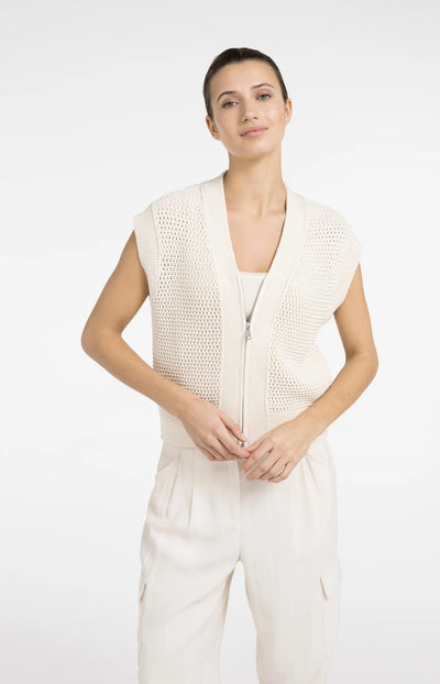 Sleeveless Mesh Knit Cardigan with Zip Closure - Crème Beige