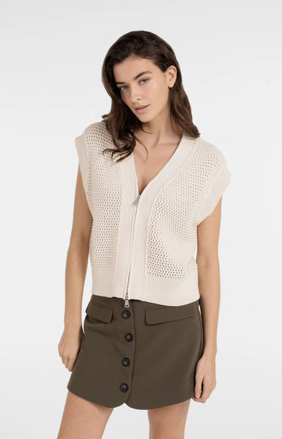 Sleeveless Mesh Knit Cardigan with Zip Closure - Crème Beige