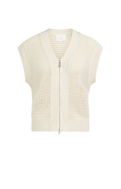 Sleeveless Mesh Knit Cardigan with Zip Closure - Crème Beige