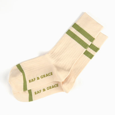 Luxe Cotton Ribbed Socks - Ecru / Sage Green Stripe