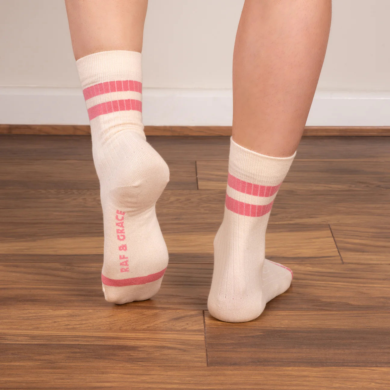 Luxe Cotton Ribbed Socks - Ecru / Rose Pink Stripe
