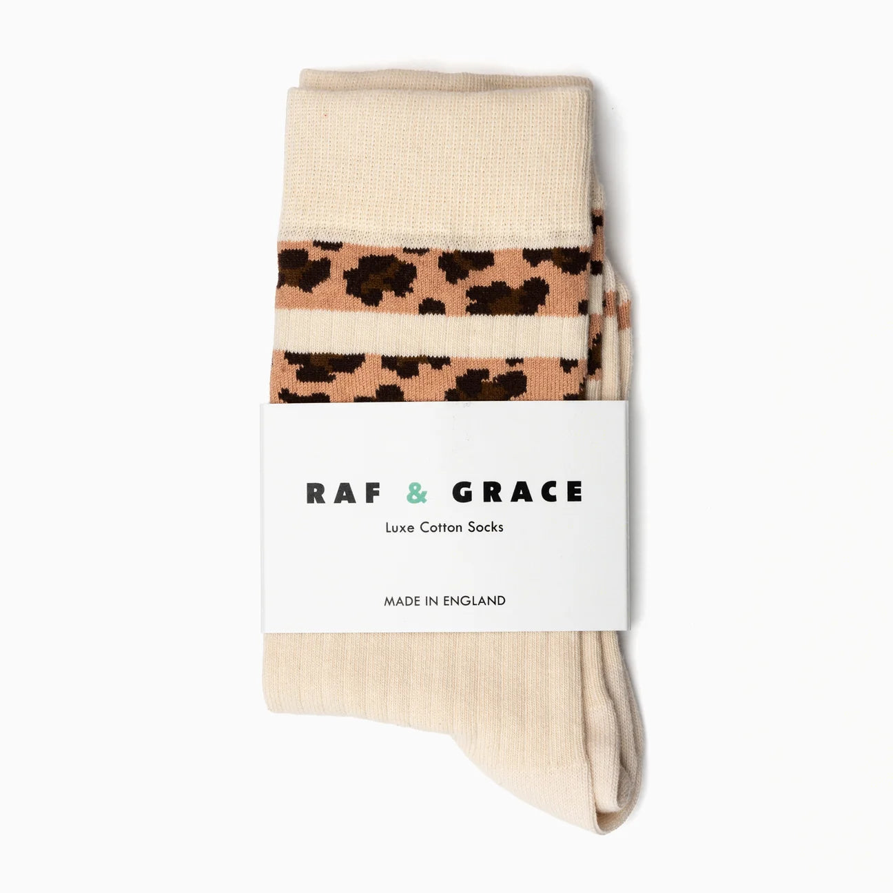 Luxe Cotton Ribbed Socks - Ecru / Leopard Stripe
