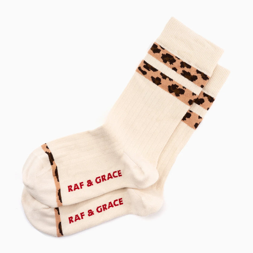 Luxe Cotton Ribbed Socks - Ecru / Leopard Stripe