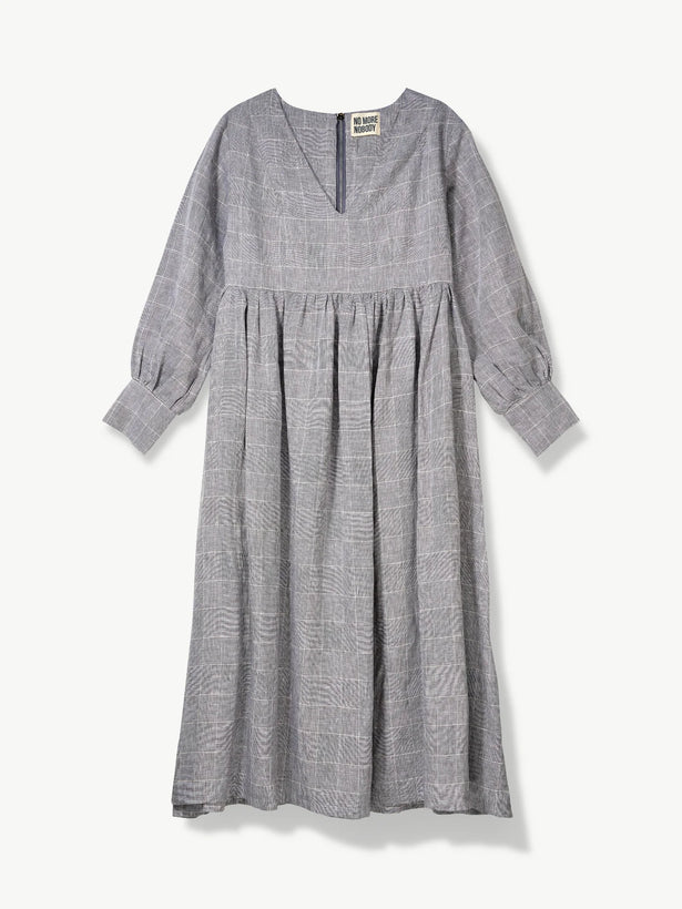 'NO MORE NOBODY' - Michelle Maxi Dress Organic Linen - Grey Check