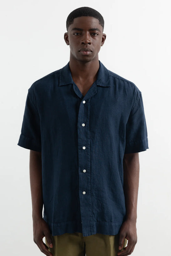 Linen Short Sleeve Shirt - Plain Navy
