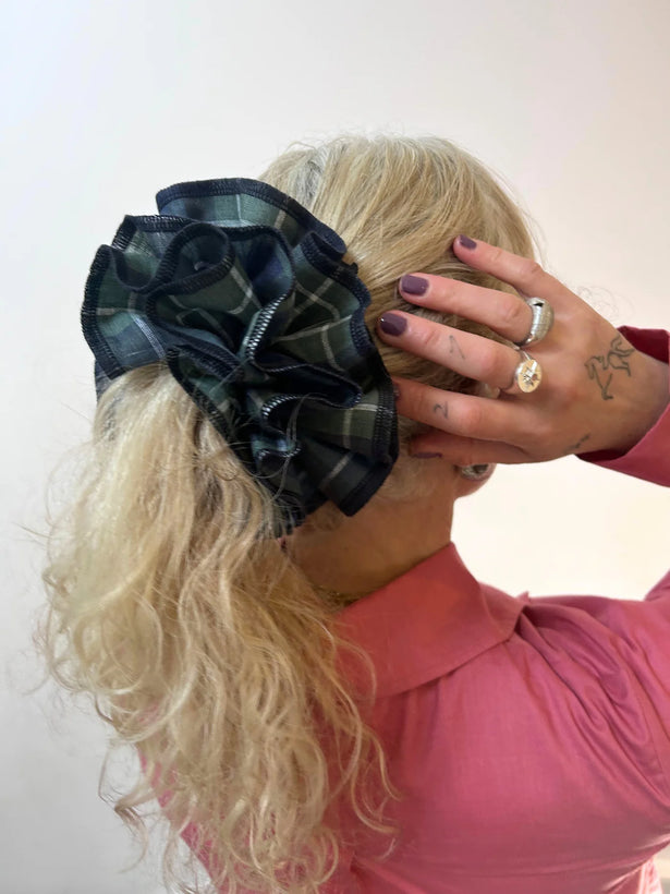Azaria Scrunchie - Green Check/Navy Trim