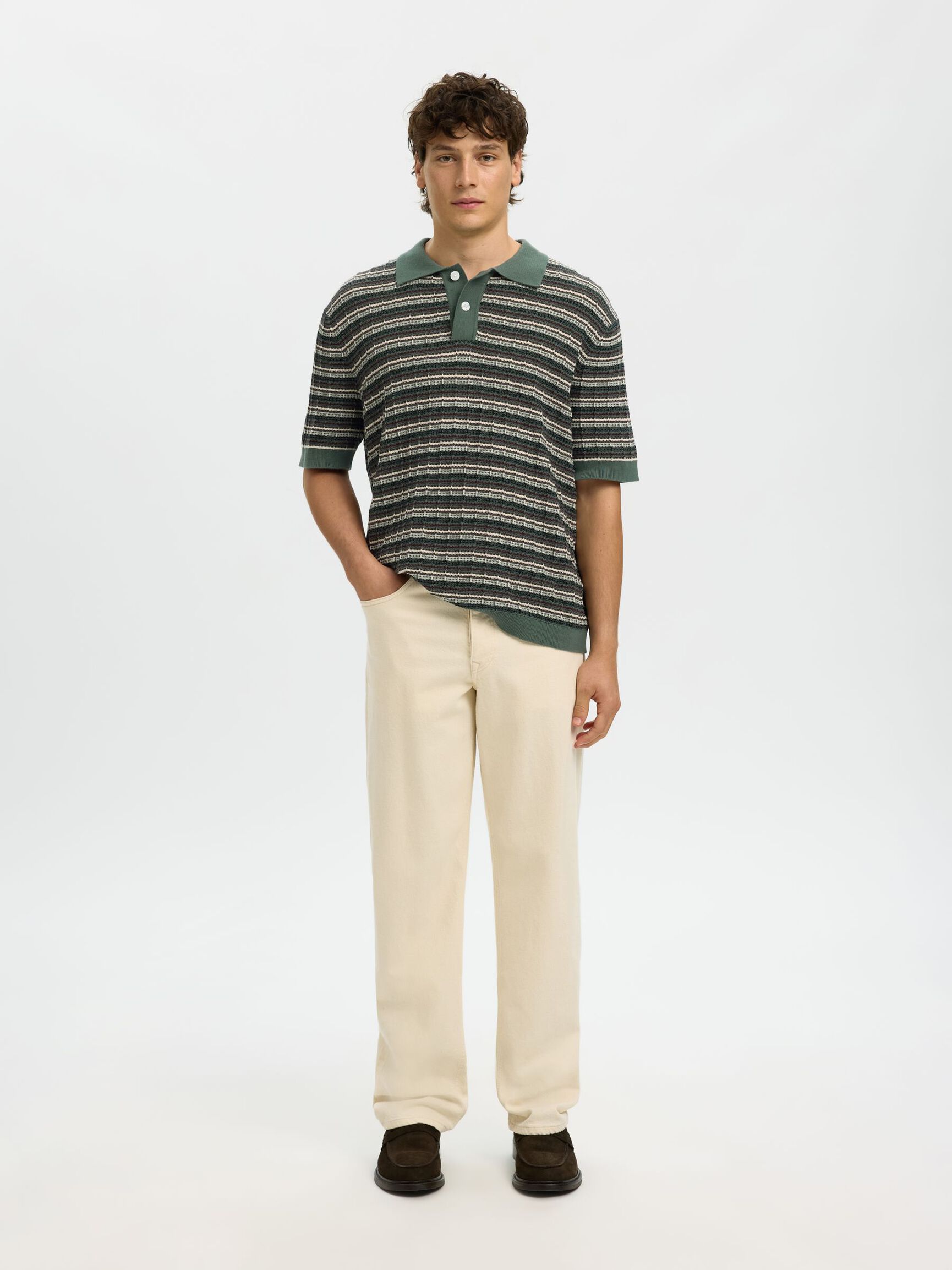 Dane SS Knit Color Structure Polo - Balsam Green Stripes