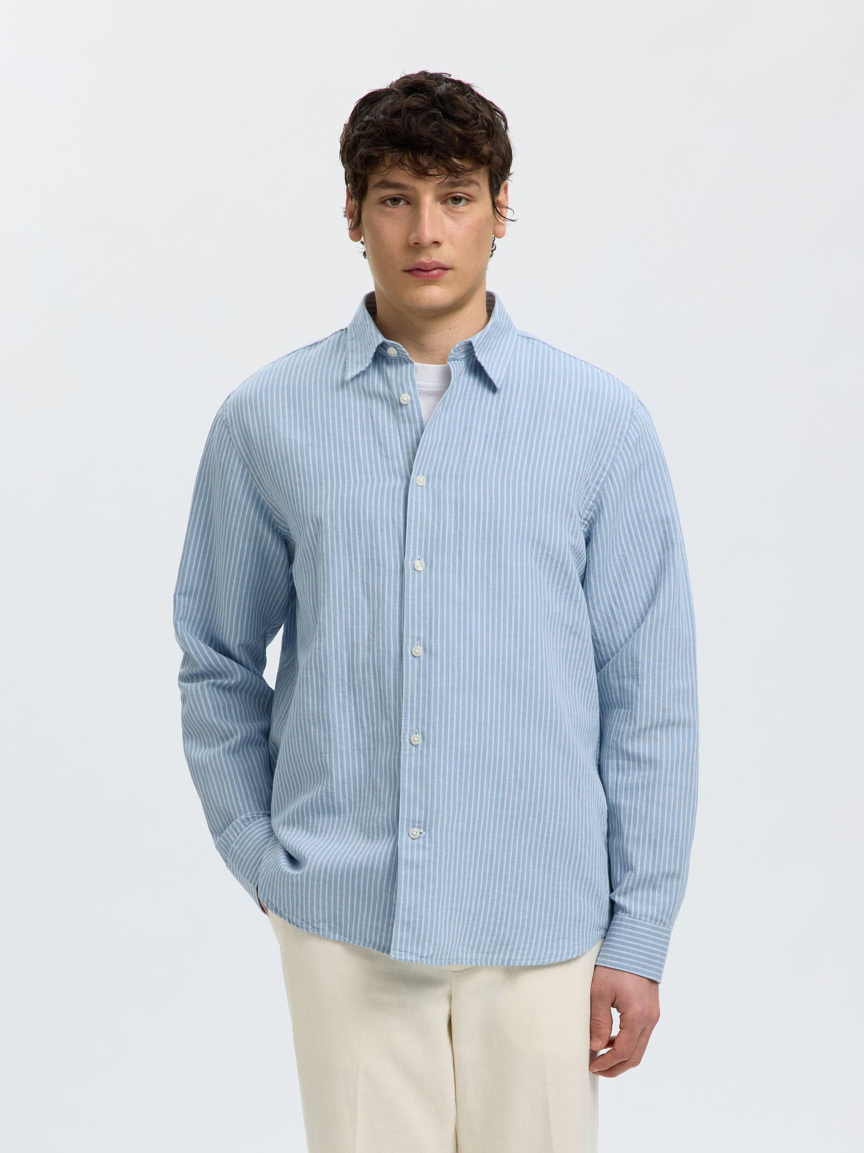 Reg Clay Linen Blend LS Shirt - Dusty Blue Mixed