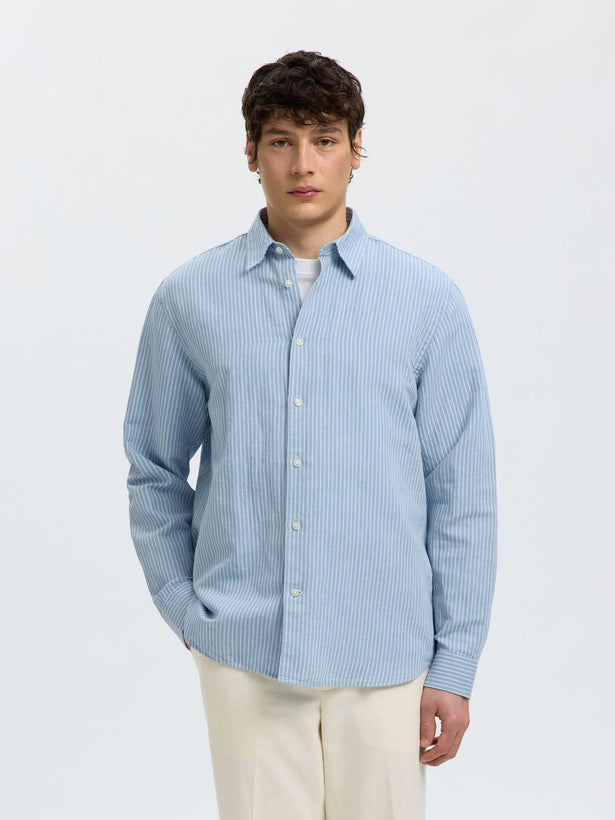Reg Clay Linen Blend LS Shirt - Dusty Blue Mixed