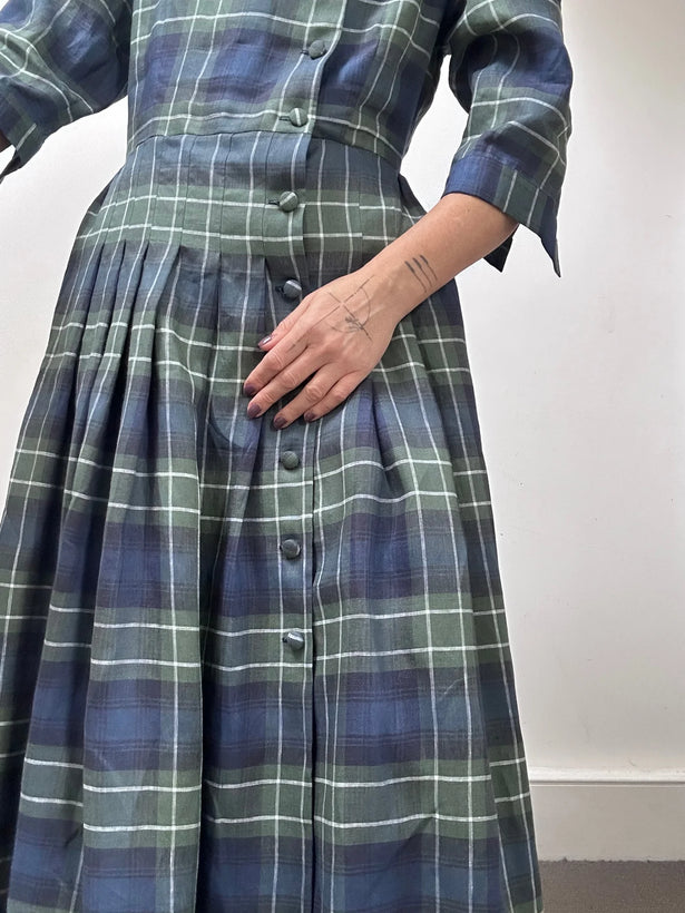 'NO MORE NOBODY' - Talitha Midi Dress Organic Linen - Green Multi Check