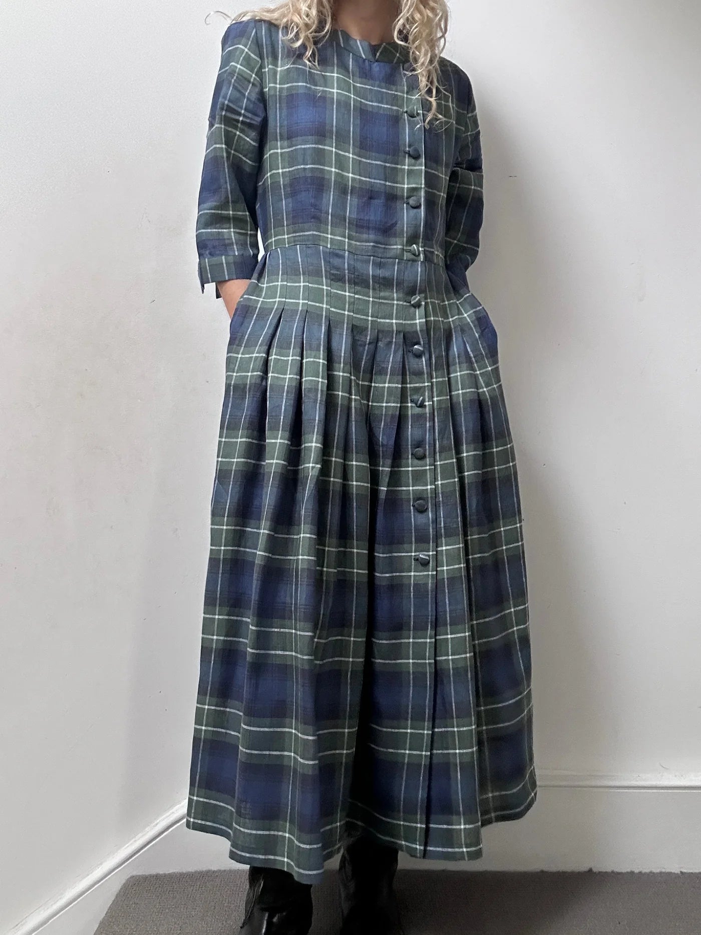 'NO MORE NOBODY' - Talitha Midi Dress Organic Linen - Green Multi Check