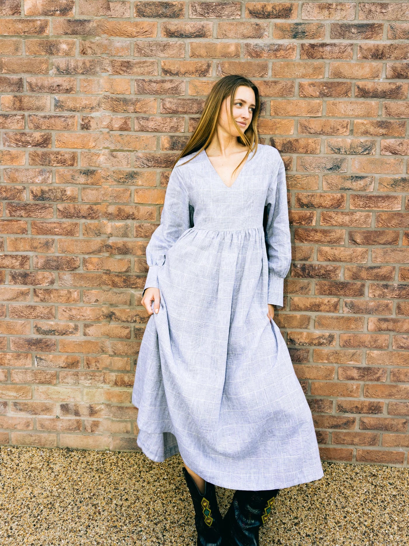 'NO MORE NOBODY' - Michelle Maxi Dress Organic Linen - Grey Check