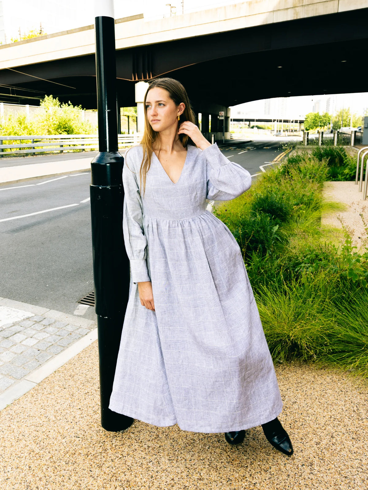 'NO MORE NOBODY' - Michelle Maxi Dress Organic Linen - Grey Check
