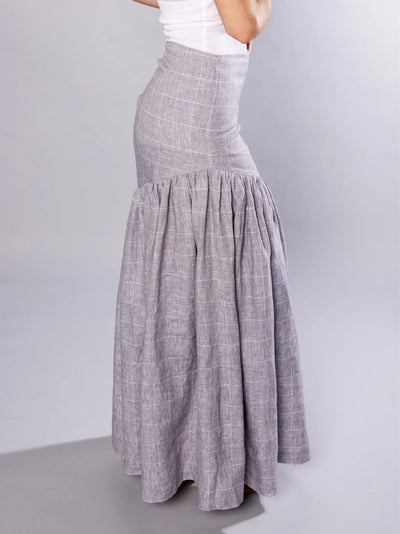 'NO MORE NOBODY' - Hilda Gathered Skirt Organic Linen - Grey Check