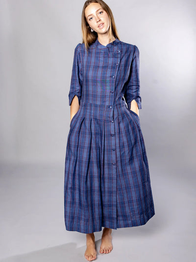 'NO MORE NOBODY' - Talitha Midi Dress Organic Linen -  Navy Multi Check