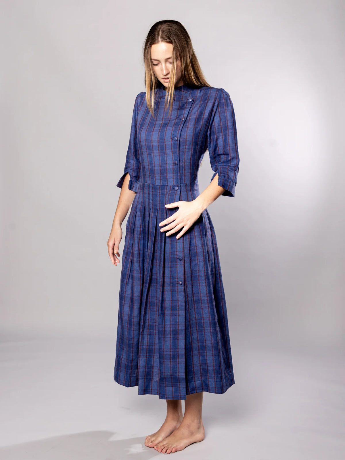 'NO MORE NOBODY' -  Talitha Midi Dress Organic Cotton -  Navy Multi Check