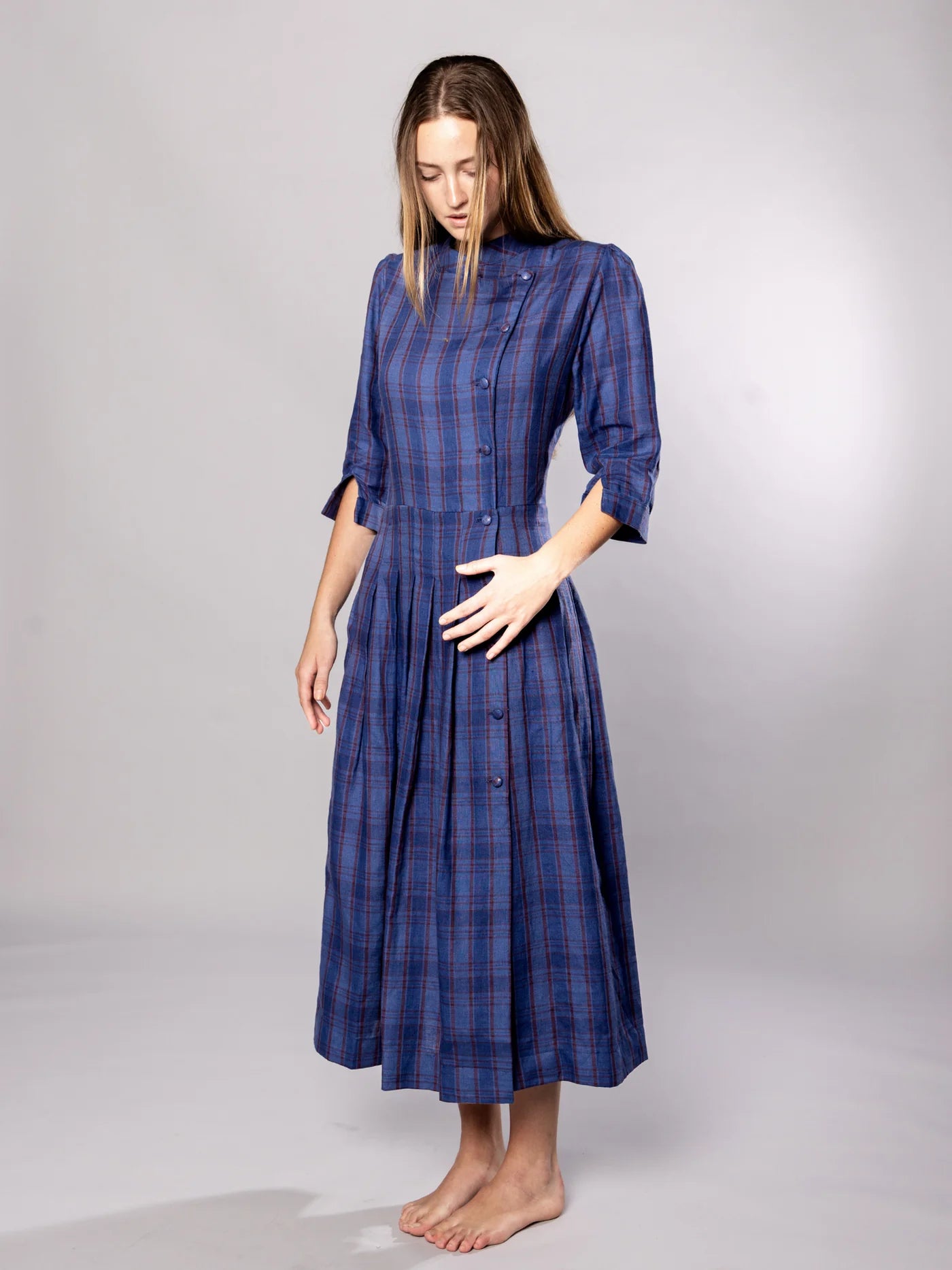 'NO MORE NOBODY' - Talitha Midi Dress Organic Linen -  Navy Multi Check