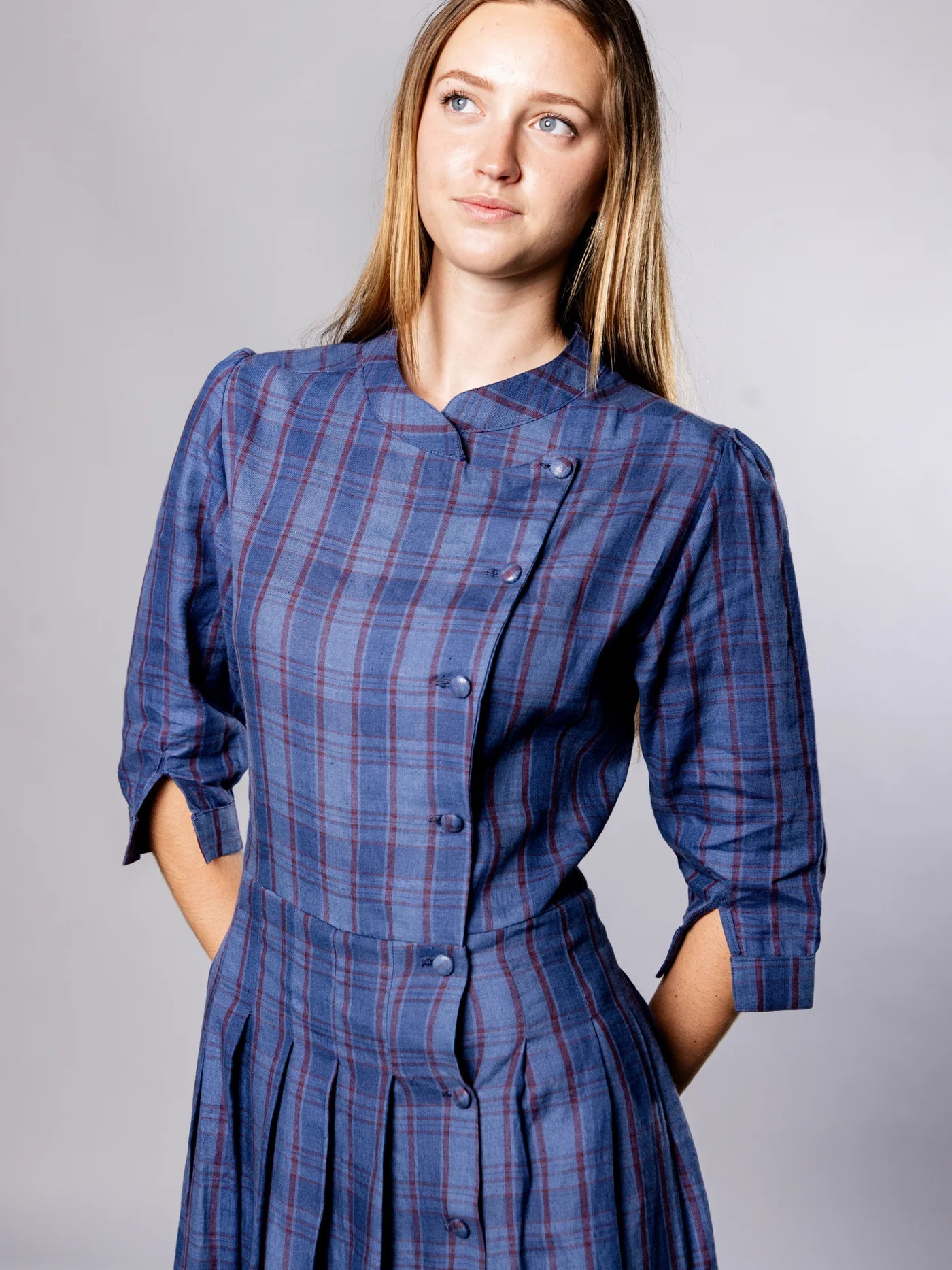 'NO MORE NOBODY' - Talitha Midi Dress Organic Linen -  Navy Multi Check